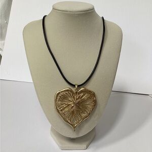 Abstract Gold tone Heart necklace, leather strap, MWT